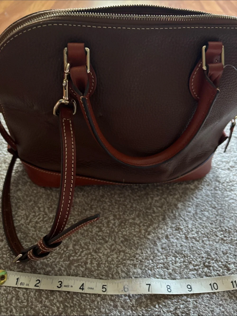 Dooney & Bourke Brown Pebbled Leather Dome Satchel with Tan Trim
